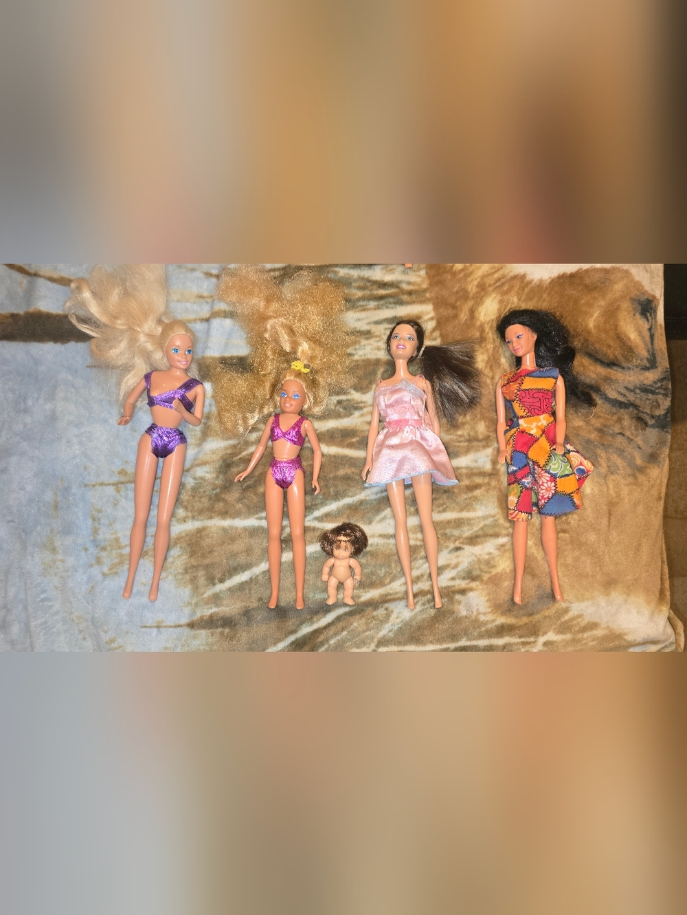 Barbie Dolls Lot Of 4 with Purple Swimsuits Pink Dress and Multicolor Dress
